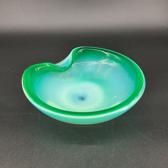 Art Glass Green White Freeform Dish Bowl - Picture 3 of 5